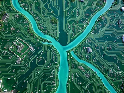 Circuit board pattern forming river delta when viewed from above, data flowing l