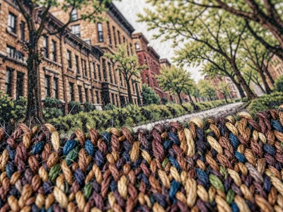 A row of brownstone apartment buildings on a tree-lined street
