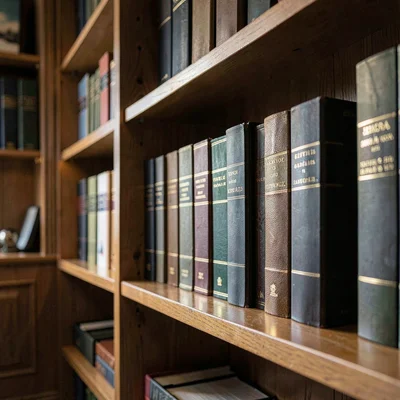 Atmospheric scene of a finished books shelf with hand-bound journals lined neatl