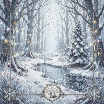 A fae-realm winter solstice path across a frosted forest with frost-fairy lights
