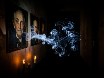 Old portraits on wall with eyes that seem to follow, candlelit hallway