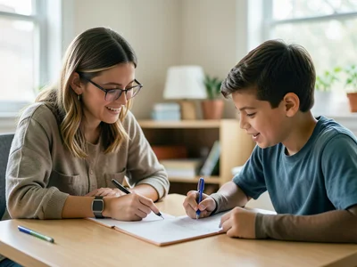 Teacher and student reviewing work together at a desk, one-on-one tutoring momen