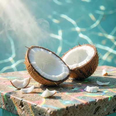 Soft diffused tropical light filtering through water vapor, Fresh coconut cracke