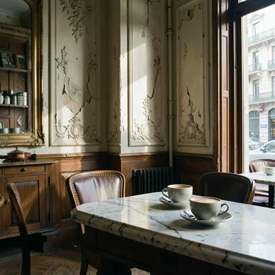 Buenos Aires faded grandeur, belle époque decay, Espresso cups on marble counter