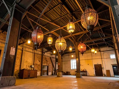 Moroccan lanterns hanging in converted warehouse space, steel beams, warm glow