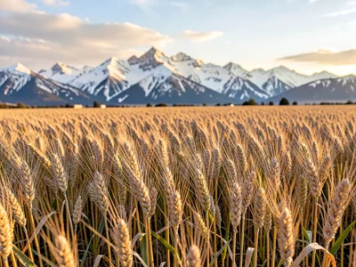 Young wheat with snow mountains beyond