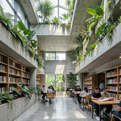 Singapore tropical modernism, green claiming grey, Modern library interior, conc
