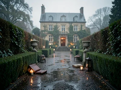 A rain-soaked gravel path through a formal garden, box hedges, a stone urn, the 