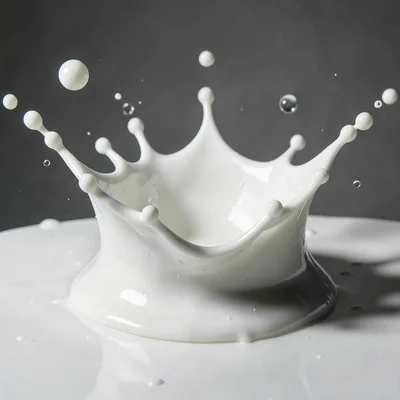 Milk splash crown with perfect symmetrical droplets hovering in studio light