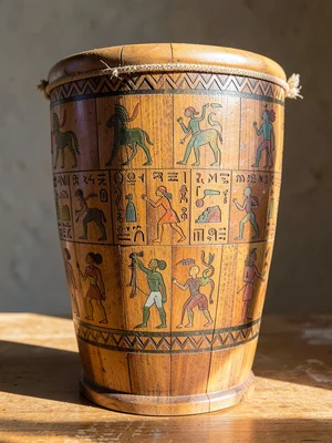 Wooden drum with carved geometric band around its body, natural light from side