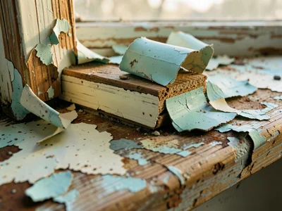 Lead paint curling away from a wooden windowsill, thick chips with concave curl 