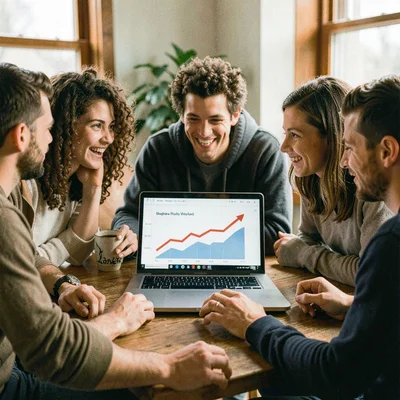 Documentary photograph, Startup team celebrating hitting milestone, laptop showi