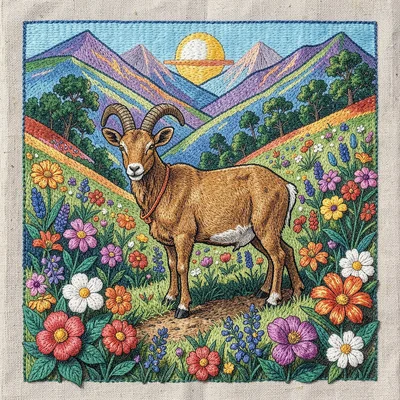 Otomi Tenango embroidery illustration, a goat among hillside flowers , embroider