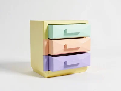 Three-drawer butter-yellow lowpoly dresser with chunky drawers in mint, peach, a