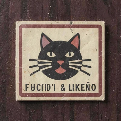 Czech matchbox label illustration, a cat silhouette with geometric whiskers , vi