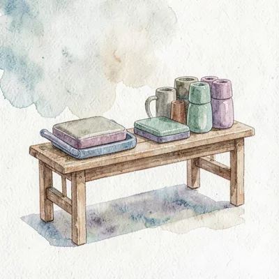Watercolor of a wooden bench with neatly placed pilates props in muted dusty pas