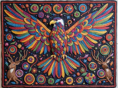 Eagle in flight — wings spread wide, filled with interlocking curved feather seg