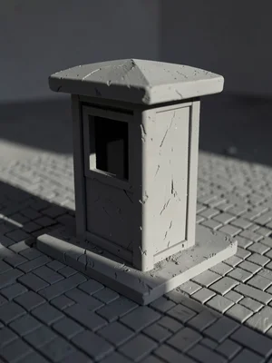 Squared phone booth with one slit window, a heavy slab roof, and a perfectly squ