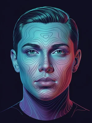 Portrait rendered as topographic contour map of face, elevation lines