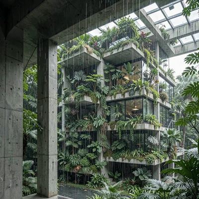 Singapore tropical modernism, green claiming grey, Rain falling on glass and con