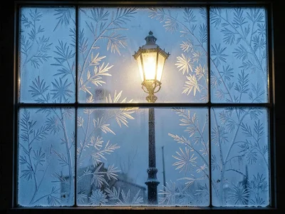 Street lamp through frost creating glow