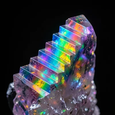 Bismuth crystal with rainbow oxide staircase pattern, metallic iridescence, extr