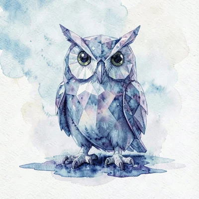 A faceted sapphire lowpoly owl perched and forward-facing with deep blue caustic