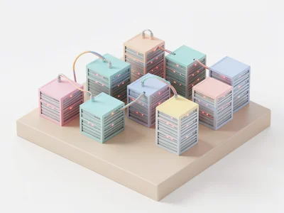 Isometric miniature city of stacked cube-shaped servers with glowing seams, tiny