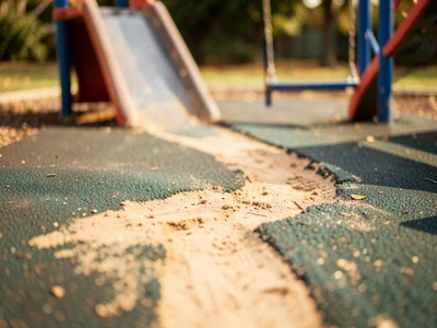 Rubber playground surface showing the wear path from slide exit to swing area, t