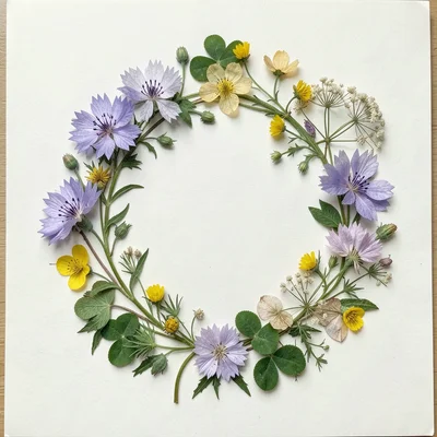 A wreath of pressed wildflowers on white paper: cornflowers, buttercups, clover,
