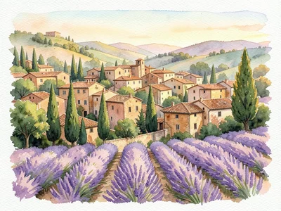 A Tuscan hillside village at golden hour, terracotta roofs in raw sienna, cypres
