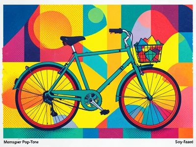 A bicycle in profile — frame in teal, wheels in red with yellow spokes, a basket