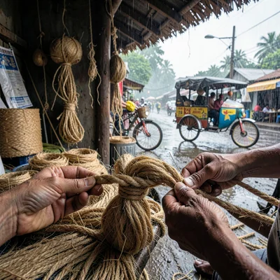 Kinetic density of Dhaka, Bangladesh, Jute fibers being spun into rope, traditio