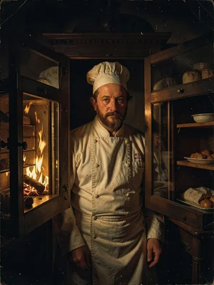 Chef's face seen between two open oven doors, warm fire glow splitting light fro