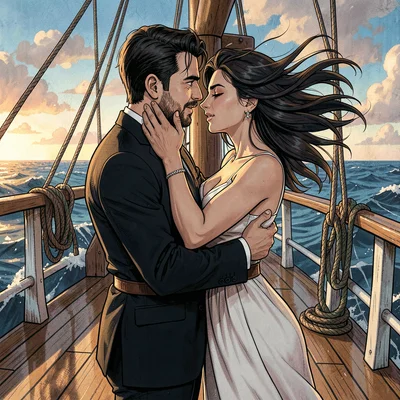 Passionate embrace on ship deck