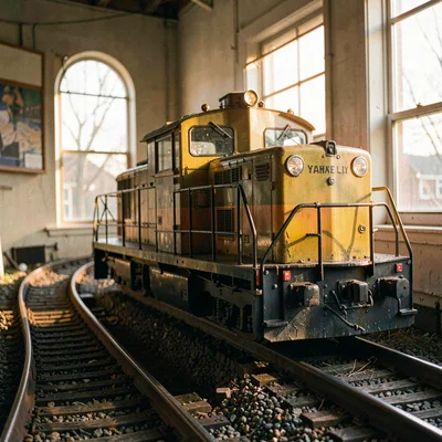 Single diesel switcher model on a curved siding, warm rim light from a window