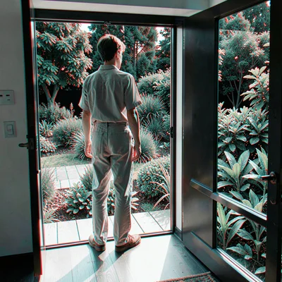 Anaglyphic stereo 3D photograph, Person standing in doorway looking out to garde