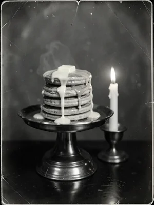 A tower of pancakes with melting butter and syrup dripping off a silver cake sta