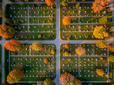 A cemetery from above, headstones creating a grid pattern, paths between section