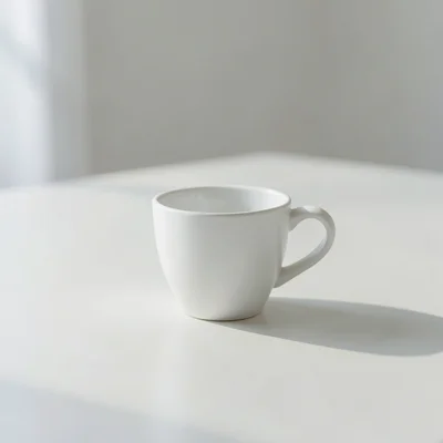 A minimalist photographic still life of a plain white coffee cup on a clean matte surface, soft natural window light, su