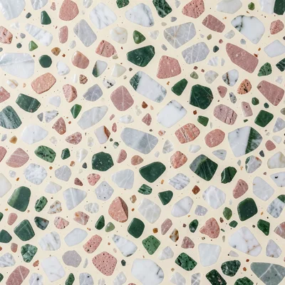 Venetian terrazzo: white Carrara marble, pink granite, and green serpentine chip