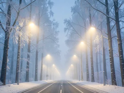 Ice fog creating pillar forest from streetlights