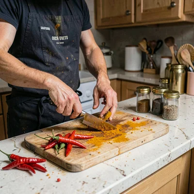 Kitchen counter mid-cooking with tumeric-stained cutting board, scattered chilis