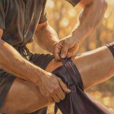 Warm vertical of a model fastening a silk stocking at the thigh band, golden hou