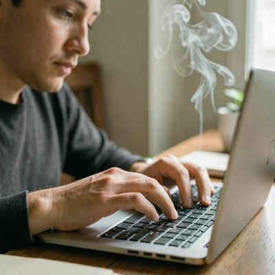 Documentary photograph, Hands typing on laptop keyboard in focus, face blurred, 