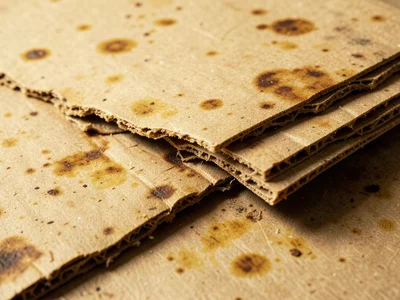 Aged kraft paperboard, decades-old cardboard with foxing spots and yellowed tone