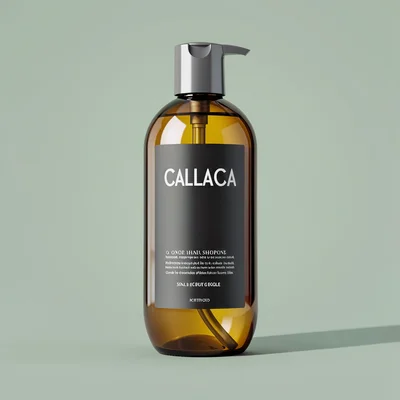 Catalog hero of a single shampoo bottle centered on a saturated sage backdrop, s