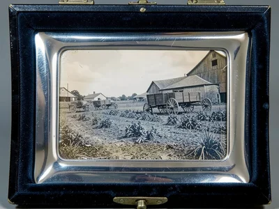 Antiqued photograph of farm harvest scene, wagons and barns, Americana feel