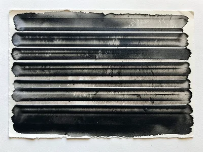 Abstract monoprint: ink rolled then scraped with cardboard edge creating bold pa