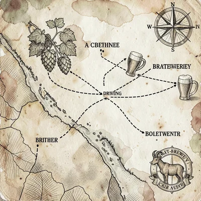 A regional craft-brewery tour map with named breweries connected by dashed drivi